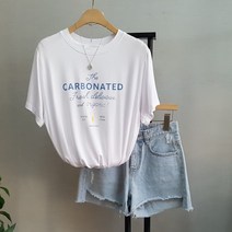 여성용 촉감왕 쥬스 레터링 레이온 반팔 티셔츠