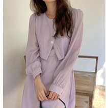 상견례옷차림 바스락 연보라원피스 빈티지 미니멀 투피스 쉬폰 긴팔 롱 퍼프소매 봄
