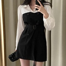 파티드레스 시크하고 세련된 한국 여성 셔츠 투피스 드레스 프랑스 틈새 옷깃 더블 브레스트