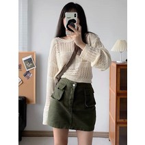 펀칭 갈고리 니트 숏 톱 자외선 차단 풀오버 에어컨 셔츠 위에 카고 데님 스커트 투피스