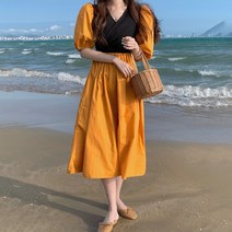 패스타임 여성 프렌치 여신 배색 랩 브이넥 볼륨 퍼프 반팔 여름 롱원피스 데이트룩 하객룩