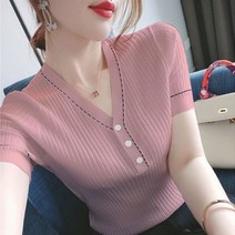 얇은반팔니트티셔츠 스키니 브이넥 여성용 단추달림