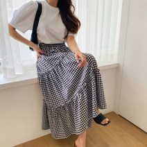 [바보사랑] 여성 여름 네이지 체크 캉캉 롱 밴딩 스커트