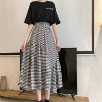 체크 스커트 치마 캐주얼 깅엄체크 계층 패치워크 여성 밴딩 패치 도비 미디