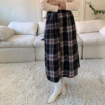 여자 크리스마스 배색 체크 플레어 면 초록 롱스커트