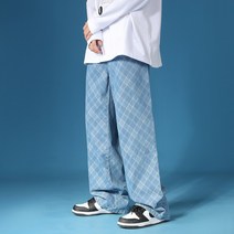 스트레이트진 건달카리스마 남자 고가 트렌드 와이드 루즈핏 하 인륜 체크 긴바지 카고 2670646891