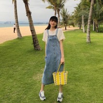 여자 캐주얼 포켓 멜빵 워싱 A라인 데님 롱원피스