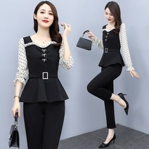 잇츠스타일 소매 물방울 땡땡이 블라우스자켓 + 뒷밴딩 슬랙스 투피스 세트하트넥 땡땡이 블라우스 자켓+뒷밴딩 일자핏 슬랙스 투피스 세트