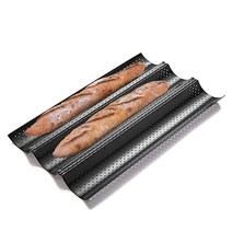 KITESSENSU 프렌치 브레드 베이킹용 논스틱 바게트 팬 천공 3 로프 바게트 베이커리 트레이 38.1 x 22.9cm(15 x 9인치) 실버, Black_3 Loaves 15 x 9