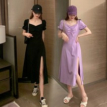 DAPANDA 빅 사이즈 통통한 mm 심기 원피스 여자 여름 느낌 허리 잡아주어 날씬해 보이는 미디 벌룬 소매 트임 보라 스커트