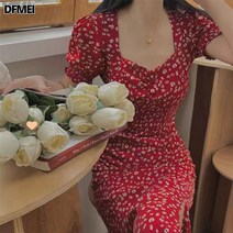 DFMEI 빈티지 쉬폰 법 플라워 퍼프 소매 조거 브이넥 트임 원피스