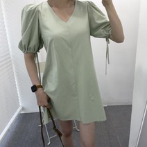 여름 A라인 브이넥 퍼프 스트링 린넨 미니원피스 2color 민트 블랙 멜로쏘