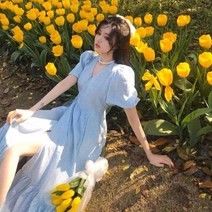 브이넥프릴원피스 블루 플라워 프린팅 벌룬소매 스트랩 페플럼 몸을 감싸다 여름 롱 프렌치 2899000658