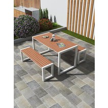 야외바베큐장 테라스 야외 단철 정원 발코니 테이블과 의자 플라스틱 목재 자외선 차단제 바 용 조합, [06] 롱테이블 3종세트화이트