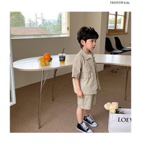 바로배송 베이지단추썸머상하복 남아 여름코디 여름상하세트 데일리룩 댄디스타일 아들옷 반바지 단추반팔 카라셔츠