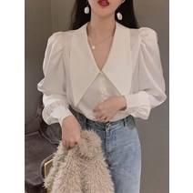빅카라 블라우스 둥근카라블라우스 브이넥 셔츠 주름 방지 흰색 쉬폰 대형 칼라 여성용 퍼프 소매 작은 네이비 윈드 탑 청바지 올 매치