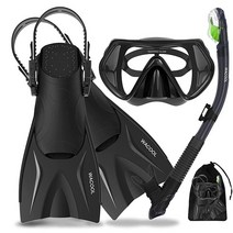 WACOOL 스노클링 스노클 스쿠버 다이빙 패키지 세트 장비 조절 가능한 짧은 수영 핀 김 서림 방지 코팅 유리 실리콘 마우스 피스 퍼지 밸브 (핑크/S-M), Black