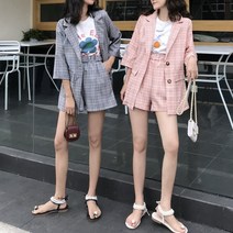 투피스 세트 여름 원피스 린넨 자켓+숏팬츠 체크