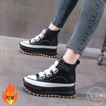 도오빠 여성 가죽 하이탑 스니커즈 키높이 7cm 통굽 기모 벨크로 운동화 털 부츠 워커 가을 겨울 발편한 여자하이탑 신발