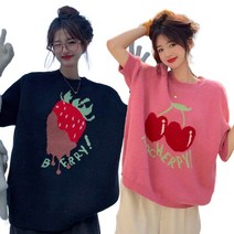 JUSTFEELING 봄 가을 여성 러블리 체리 프린트 핑크 빅사이즈 스위트 소녀룩 블랙핑크 니트 반팔