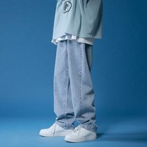 남자블랙진 연청바지 중청바지 캐주얼 퓨어 와이드 청바지 남성용 스트레이트 화이트 루즈 데님 바지 여름 힙합