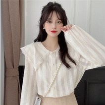 퐁순싸롱 레이스 빅 카라 아일렛 퍼프 흰 셔츠 면 블라우스 YJ