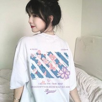 아메리칸 헤비 순면 벚꽃 반팔 티셔츠 남여 포트스타일 ins 코디 루즈핏 5부 하이 스트리트 프린트 미디엄 슬리브