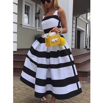 여성용 오프숄더 롱 파티 드레스 스트라이프 프린트 민소매 세련된 A 라인 서스펜더 비치 여름 패션, 05 Black+L