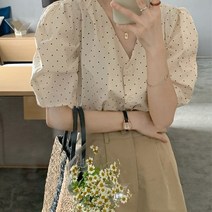 마스 퍼프 도트 블라우스 브이넥 땡땡이 패턴 탑