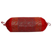 Stylo Culture Ethnic Polydupion Cylindrical Yoga Bolster Pillow Cover Red Jacquard Brocade Border Pa, 1