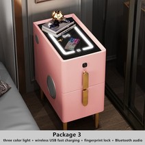 스마트 협탁 인테리어 라이트 럭셔리 침대 옆 테이블 터치 가죽 USB 무선 충전 LED 조명 지문 잠금 오디오 호텔 나이트 스탠드, 40x25x50cm, 10 Pink Package 3