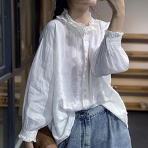 흰색린넨셔츠 린넨 화이트 블라우스 봄 여름 예술 스타일 여성 긴팔 루즈핏 흰색 셔츠 모리 빈티지 코튼 904