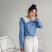 데님 플라워 레이스 빅카라 블라우스