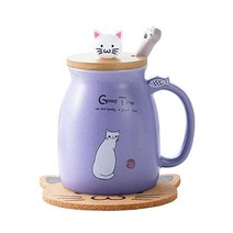 머그컵 고양이 귀여운 세라믹 커피잔 러블리키티 나무뚜껑 스텐스푼 참신한 모닝컵 차 우유 크리스마스 380ML(블루), 보라색