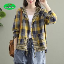 SHENGBO여성 봄가을 빅사이즈 체크 루즈핏 후드 셔츠