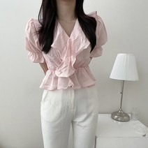 VANANA2 여성 국내제작 청순 로맨틱 쉬폰 프릴 브이넥 블라우스