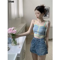 DFMEI 컬러 체크 숏 니트 나시 민소매