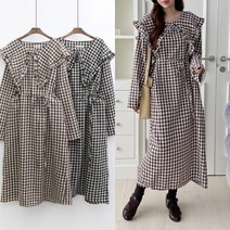 567스타일 맘룩 빅사이즈 고방 깅엄 체크 빅카라 루즈핏 롱원피스 엄마등원룩 오피스 하객룩