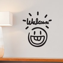 귀여운앞니 스마일 welcome 가게 인테리어 도어 스티커, small, 검정색