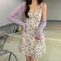 여성 빈티지 드레스 보라색 꽃 슬립 미니 자외선 차단
