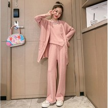 ﻿ JUNIOR 골지 언발 나시 가디건 와이드 편한 팬츠 3피스 쓰리피스 세트 여아아이 아동 키즈 주니어옷 초등학생 중학생 고학년 새학기옷 봄옷