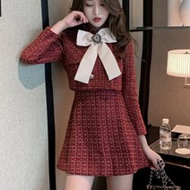 하객룩 트위드 투피스 결혼식 크롭 셋업 겨울 여성 패션 세트 여성 의상 나비 넥타이