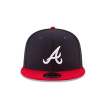 New Era 애틀랜타 브레이브스 조절 가능한 9Fifty MLB 플랫 빌 야구 모자 950, One Size, One Size, Navy/Red