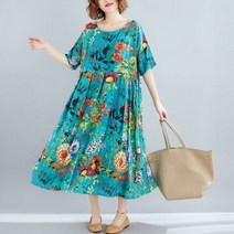 뚱뚱한 사람 여름 통통 엄마 빈티지 배 커버 빅사이즈 여성복 미디 슬림해 보이는 루즈핏 프린트 면 마 원피스