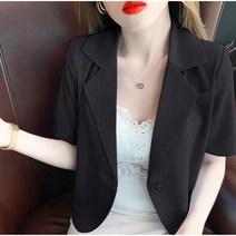 Momolatti 여성용 캐주얼 핏 루즈핏 반팔 카라 무지 하프 자켓