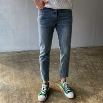 미꼬장 남옷꾸길어보이는남자팬츠청바지 진청 테이퍼드핏 9부 일자청바지 슬림스판 언발컷팅