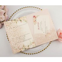 1pcs 샘플 골드/화이트 레이저 컷 로즈 트라이 폴드 청첩장 카드 맞춤형 포켓 초대 맞춤형 RSVP, 펄 라이트 핑크, 레이저 커버 전용