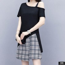 가바바 여성 빅사이즈 원피스 언밸런스 어깨트임 체크조합 투피스 G50294