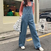 여성 와이드 데님 멜빵 청바지 여자 캐주얼 통 바지