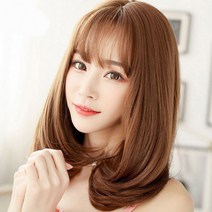 중간 중단발 헤어스타일 c컬 통가발 여자 전체 사이드뱅 여신 보브 앞머리 가발 자연스러운, 블랙